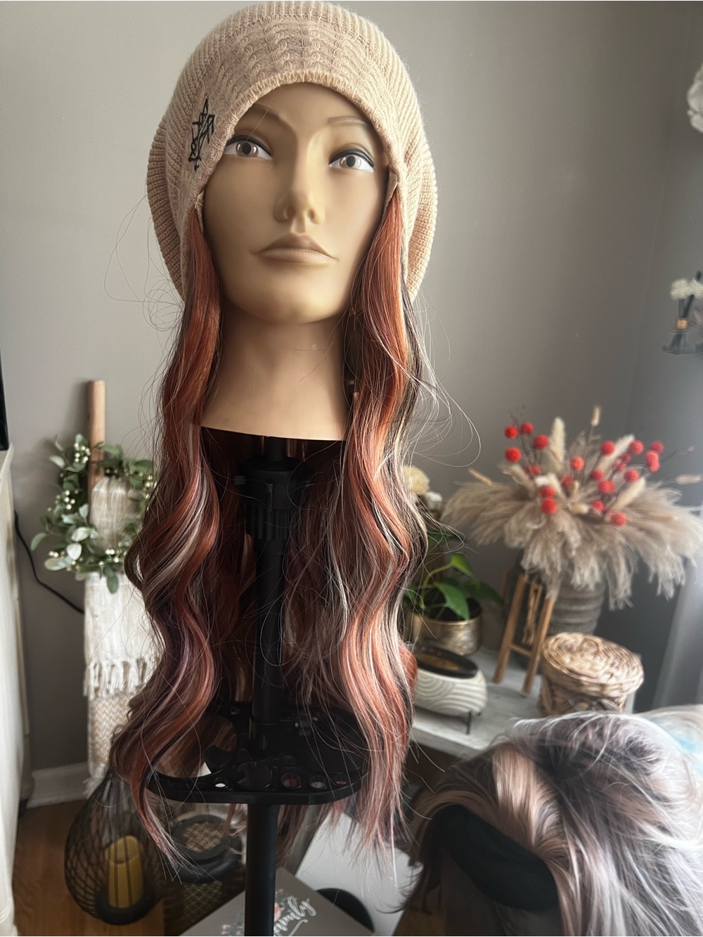 Long Wavy Women’s Wig in Peachy Copper and Brown